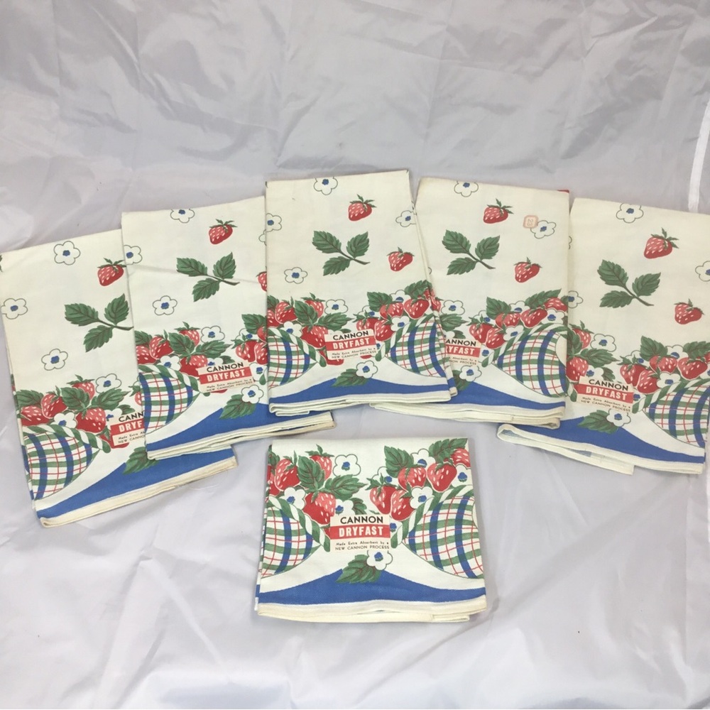 6 CANNON Part Linen Kitchen DISH TOWELS NEW USA Strawberries VTG NOS